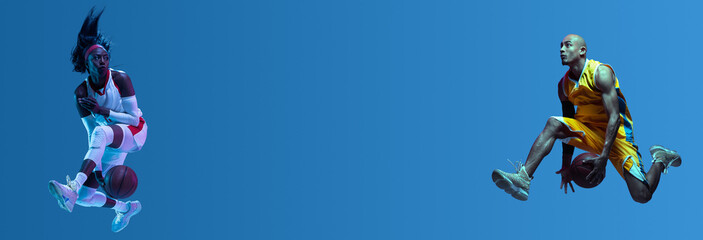 Collage of male and female basketball players, fit people in action and motion isolated on blue background in neon light.