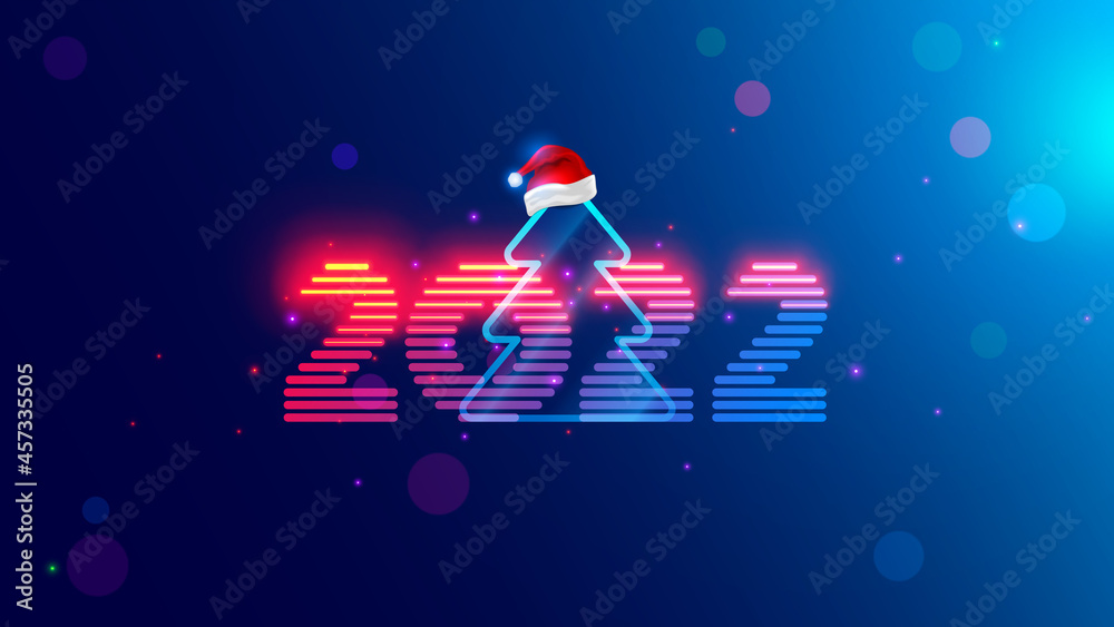 Poster 2022 new year. Christmas tree with digital number year in neon light. Celebration banner in computer cyberpunk technology style. Christmas party event poster in tech cyber decoration. 2022 on blue.