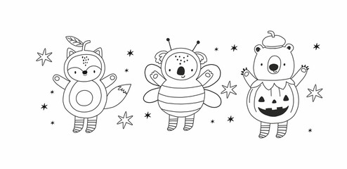 Cute Halloween coloring page for kids. Vector illustrations awesome animals - bear, koala, fox in halloween costumes. 