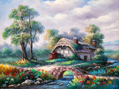 Oil painting depicting an idyllic cottage by a creek with wild colorful wild flowers and a stone bridge.