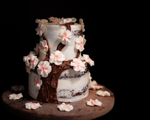 Cherry Blossom Wedding Cake Against Black Background