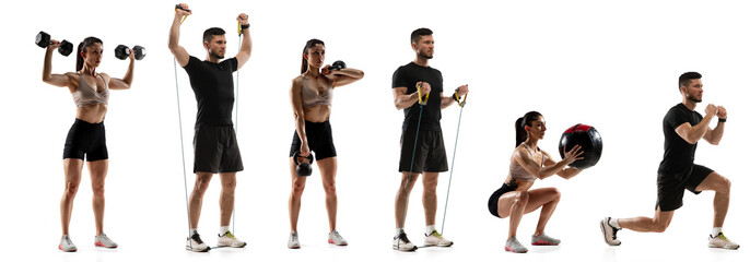 Sports training. Young man and woman, joggers, runners, athletes in action isolated on white studio background.