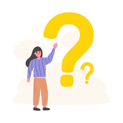 Young woman raise her hand for ask the question. Teenage female with doubtful marks. Girl student confused. Vector illustration 