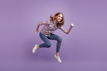 Full body profile side photo of young girl jump up running sale discount isolated violet color background