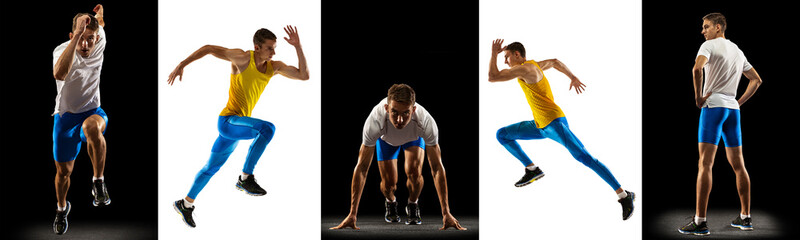 Sport collage. Young sportive man, jogger, runner in action isolated on white and black studio background.