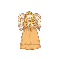 Hand Drawn Christmas Angel with Star Color Vector Illustration. Abstract Sketch. Winter Holiday Engraving Style Drawing. Isolated