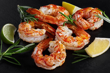 Grilled prawn tails with lemon and rosemary on black background
