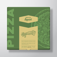 Pizza with Seafood Squid Realistic Cardboard Box Mockup. Abstract Vector Packaging Design or Label. Modern Typography, Sketch Food and Color Paper Background Layout. Isolated