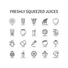 Line Icon Freshly Squeezed Juice In Simple Style. Set of vector icons in simple style, isolated on a white background