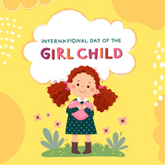 International Day of the girl child background with curly red hair little girl hugging heart.