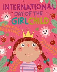 International Day of the girl child background with little girl princess in floral background.