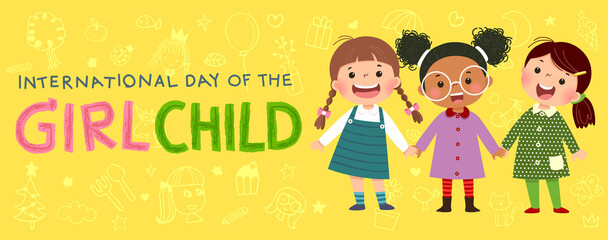 International Day of the girl child background with three little girls holding hands on yellow background. - 457339141