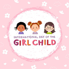 International Day of the girl child background with three little girls on pink background.