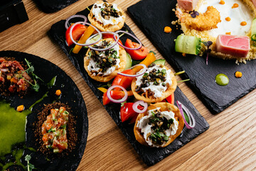 a variety of snacks. menu. top view.
