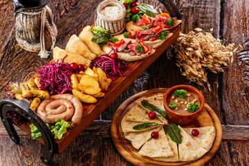 a variety of snacks. menu. top view.