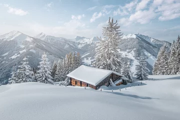 Schilderijen op glas Prachtig winterberglandschap met besneeuwde houten hut © mRGB