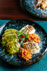 meat and vegetables on a plate. menu. top view