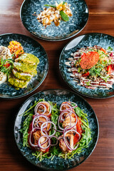 meat and vegetables on a plate. menu. top view