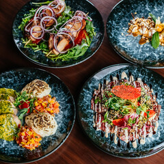meat and vegetables on a plate. menu. top view