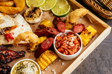 meat and vegetables on a plate. menu. top view