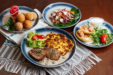 meat and vegetables on a plate. menu. top view