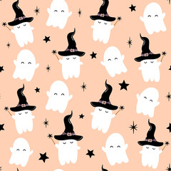 Cute cartoon abstract halloween seamless vector pattern background illustration with baby ghost and stars