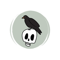 Cute halloween icon vector with skull and crow, illustration on circle with brush texture, for social media story and highlights	