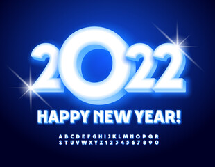 Vector illuminated Greeting Card Marry Christmas 2022! White and Blue glowing Font. Light Alphabet Letters and Numbers set