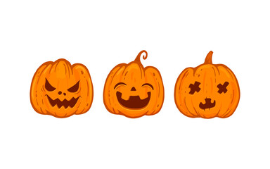 set of halloween pumpkins isolated on white, jack o lantern halloween