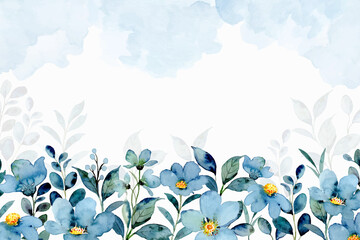 Blue green floral garden background with watercolor