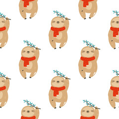 Colorful seamless patterns with cute sloths in winter clothing