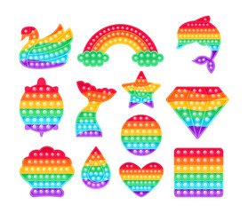 Pop It. Bright and Colorful Sensory Toy for Children. A Set of Isolated Bubble Anti Stress Toys. Cartoon Fashion Style. White background. Excellent Design for any purpose. Vector stock illustration