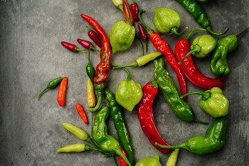 Different types of homegrown chillies or chilli peppers background, selective focus