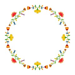 Mexican Otomi, Tenango embroidery style. Circular frame. Ethnic floral design. For fiesta invitation, greeting card, banner, flyer.