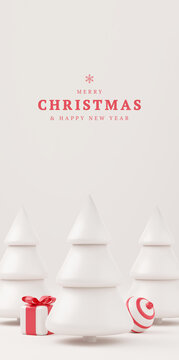 3d Christmas tree with gift box and ball vertical background, xmas poster, web banner. 3d illustration minimal style christmas and new year concept