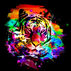 Foto auf Acrylglas colorful artistic lion muzzle with bright paint splatters on dark background. © reznik_val