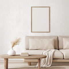 Vertical wooden frame mockup with low sofa, rustic coffee table and dried grass in warm neutral wabi-sabi interior on concrete wall background. 3d rendering, illustration.