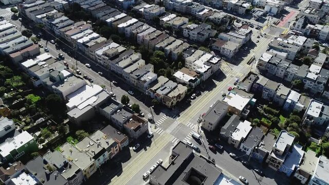 Aerial over house rooftops in San Francisco
