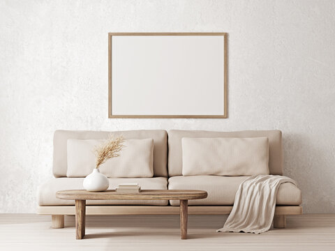 Horizontal wooden frame mockup with warm neutral wabi-sabi interior on concrete wall background. 3d rendering, illustration.