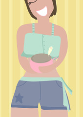 ilustración vectorial editable de chica mujer adolescente feliz con su café, desayunando y disfrutando de la vida. fondo amarillo a rayas. camisa corta verde con volados y líneas