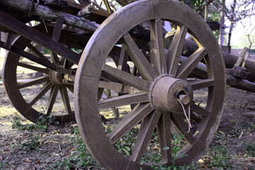 Fototapeta na wymiar Old bullock cart and iron wheels in it