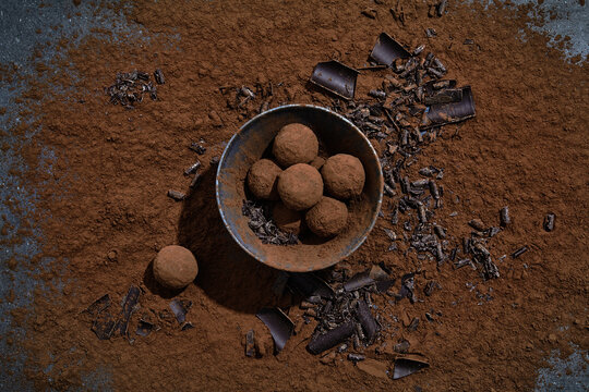 cocoa balls chocolate on cocoa background