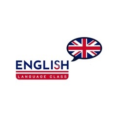 Learning English Language Class Logo. language exchange program, forum, and international communication sign. With UK Flag
