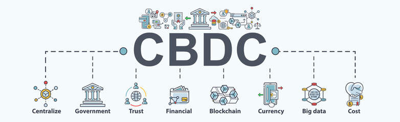 Obraz premium CBDC Central Bank Digital Currency banner web icon for financial and digital payment, government, centralize, trust, money and blockchain. Minimal modern vector infographic.