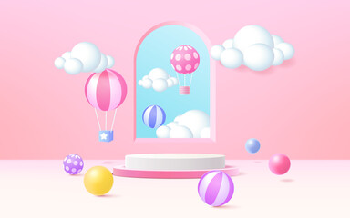3D rendering podium kid style with colorful pastel background, clouds and weather with space for kids or baby product.