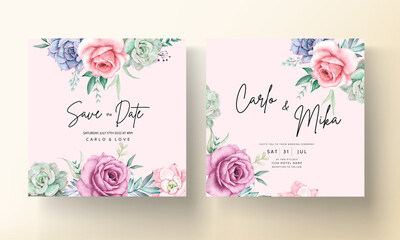 Beautiful watercolor floral wedding invitation card with roses and succulents