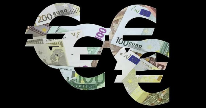 Cuatro s&iacute;mbolos de euro desplaz&aacute;ndose por la pantalla con fondo de billetes