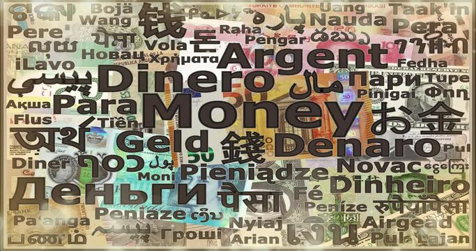 La palabra dinero en varios idiomas y efecto de burbujas doradas