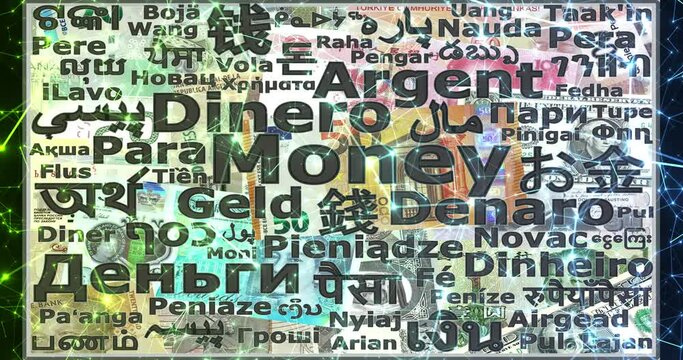 Video palabra dinero en m&uacute;ltiples idiomas con luces y destellos