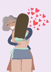 Abuela abrazada junto a su nieta, reencuentro, mor de familia, amor de abuela. Amor infinito, paciencia y abrazo muy fuerte. rodeadas de corazones. Ilustración vectorial, sombras y bellos colores